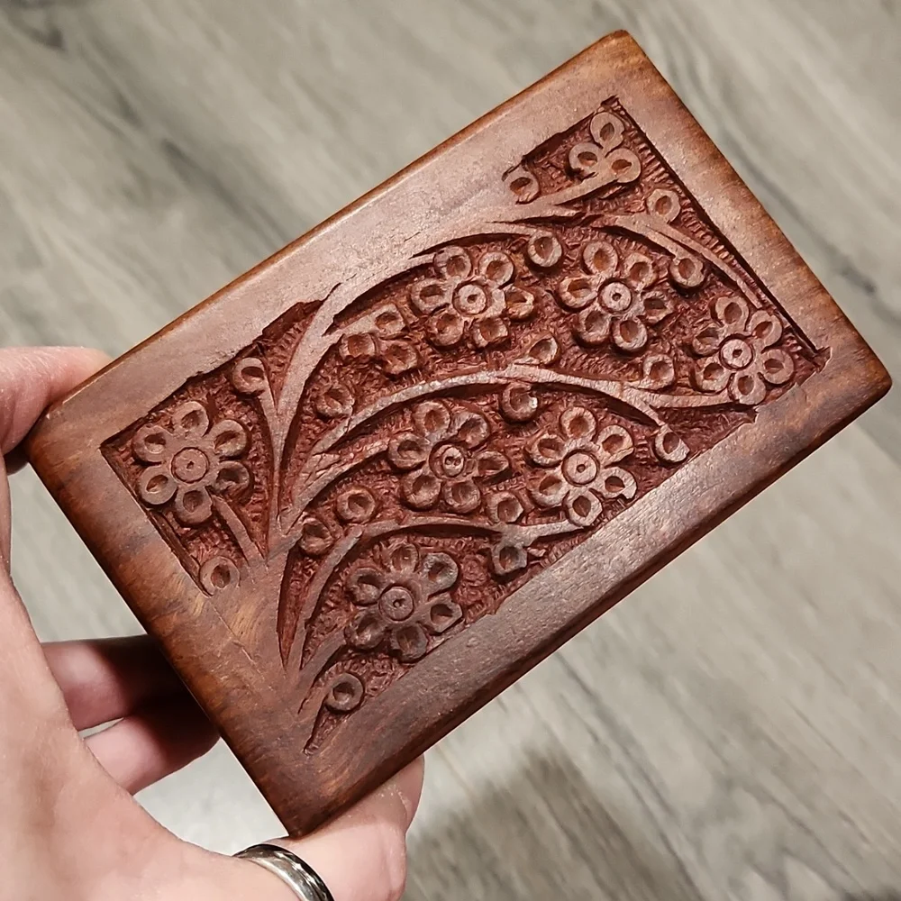 Flower Carved Wooden Hidden Storage Box